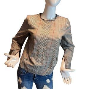 Zara‎ Collection Women's Size S Blouse Plaid Round Neck Flared Open Sleeve